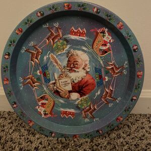 Vtg Daher Decorated Ware Round Tin Metal Tray Santa Reindeer 10.5” England